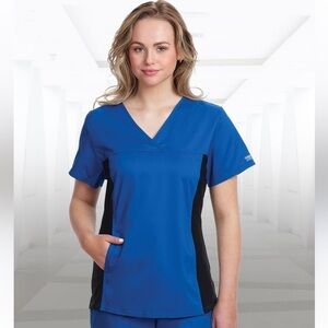 Cherokee Uniforms V neck flexible royal blue and black 2 pocket scrub top
